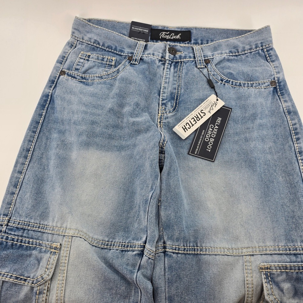 True Luck Relaxed Boot Cargo Jeans Mens Stretch Light Wash Blue 32x32 NWT